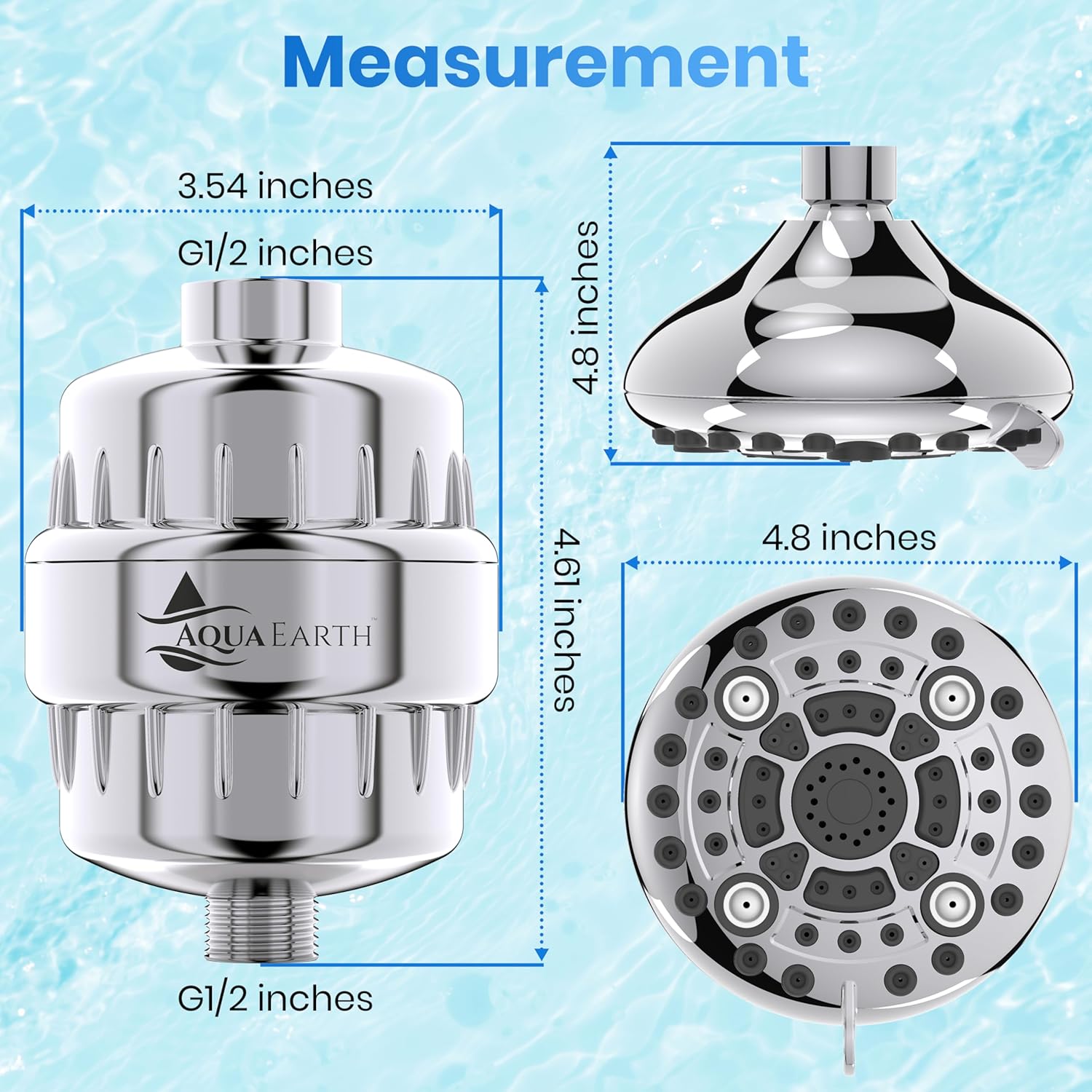 Measurement diagram of Aqua Earth shower filter and chrome head showing dimensions and G1/2 fittings