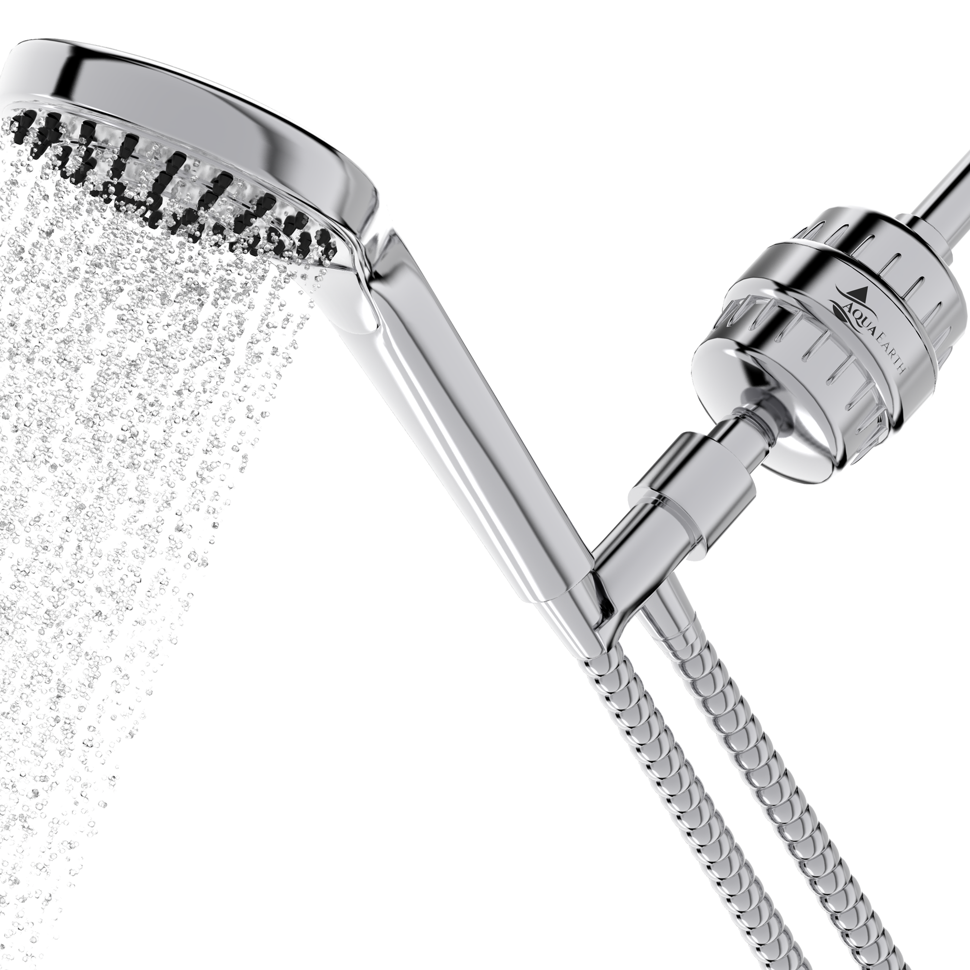 Aqua Earth Vitamin C filter attached to handheld shower head setup with flowing water.