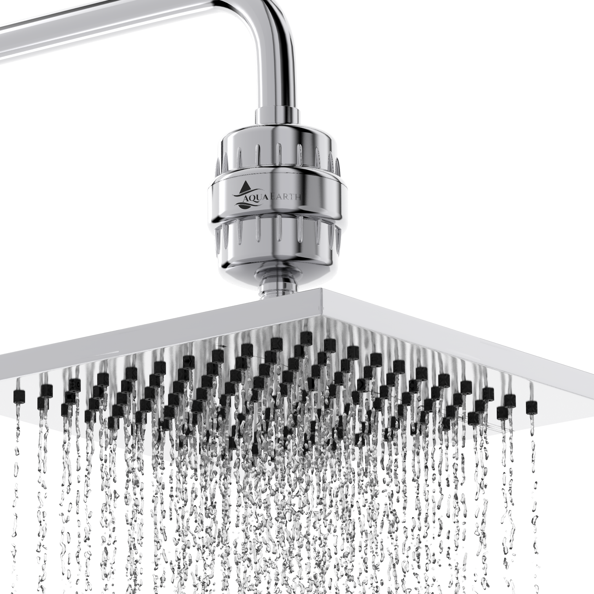 Aqua Earth Vitamin C shower filter connected to square rainfall shower head in action