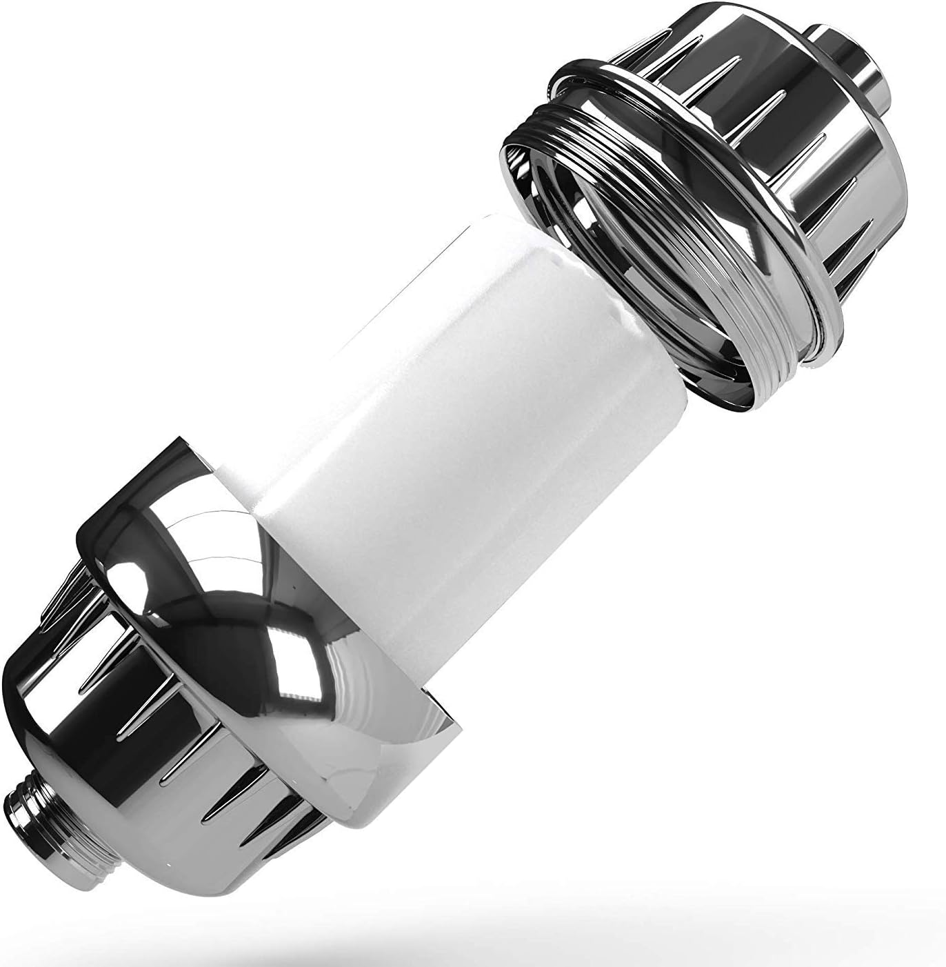 Chrome Aqua Earth universal shower filter housing with replacement cartridge inside