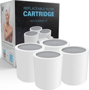 Aqua Earth 4-pack replacement shower filter cartridges with packaging box displayed