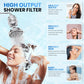 Lifestyle image of woman enjoying shower with Aqua Earth filter, highlighting skin, hair, and water benefits