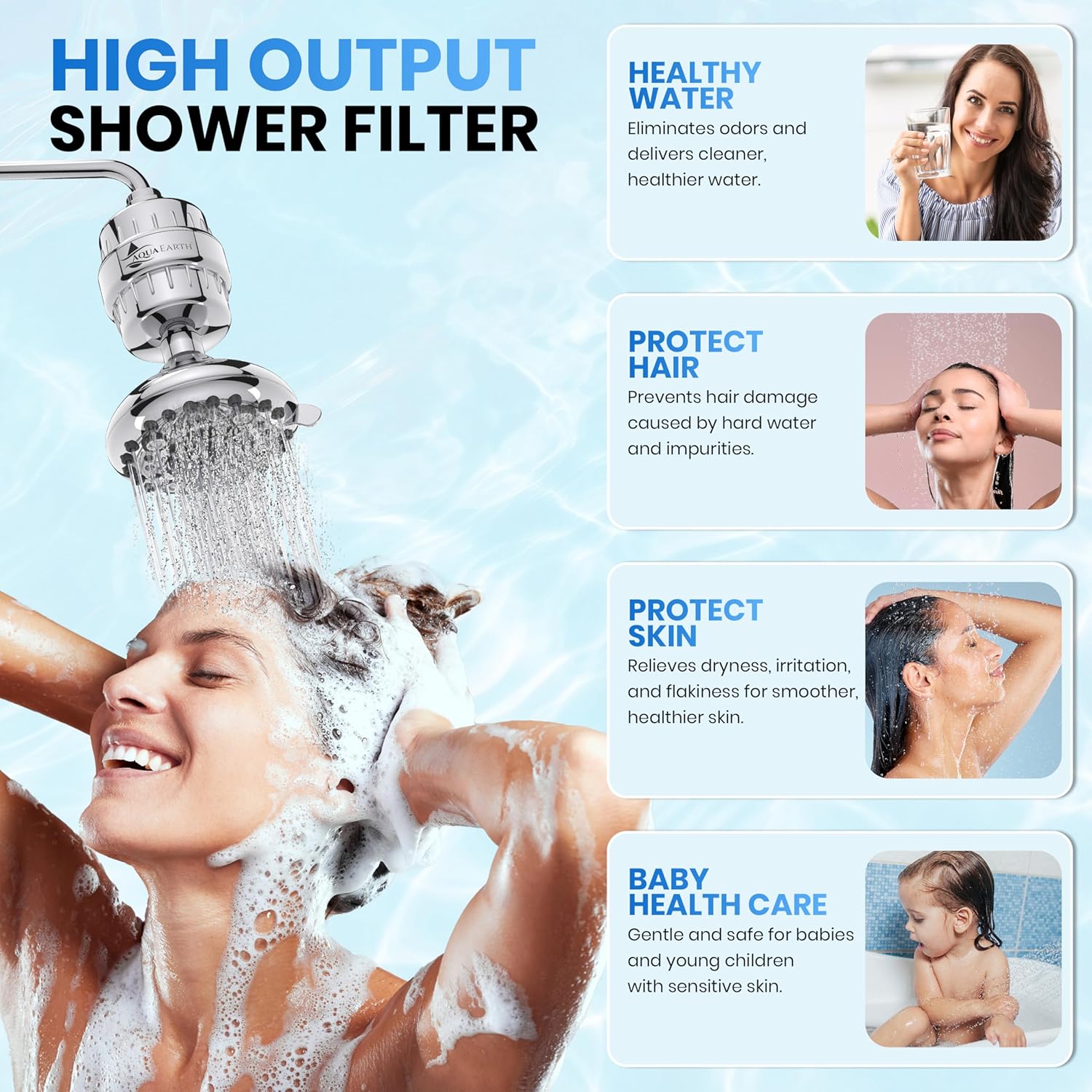 Lifestyle image of woman enjoying shower with Aqua Earth filter, highlighting skin, hair, and water benefits