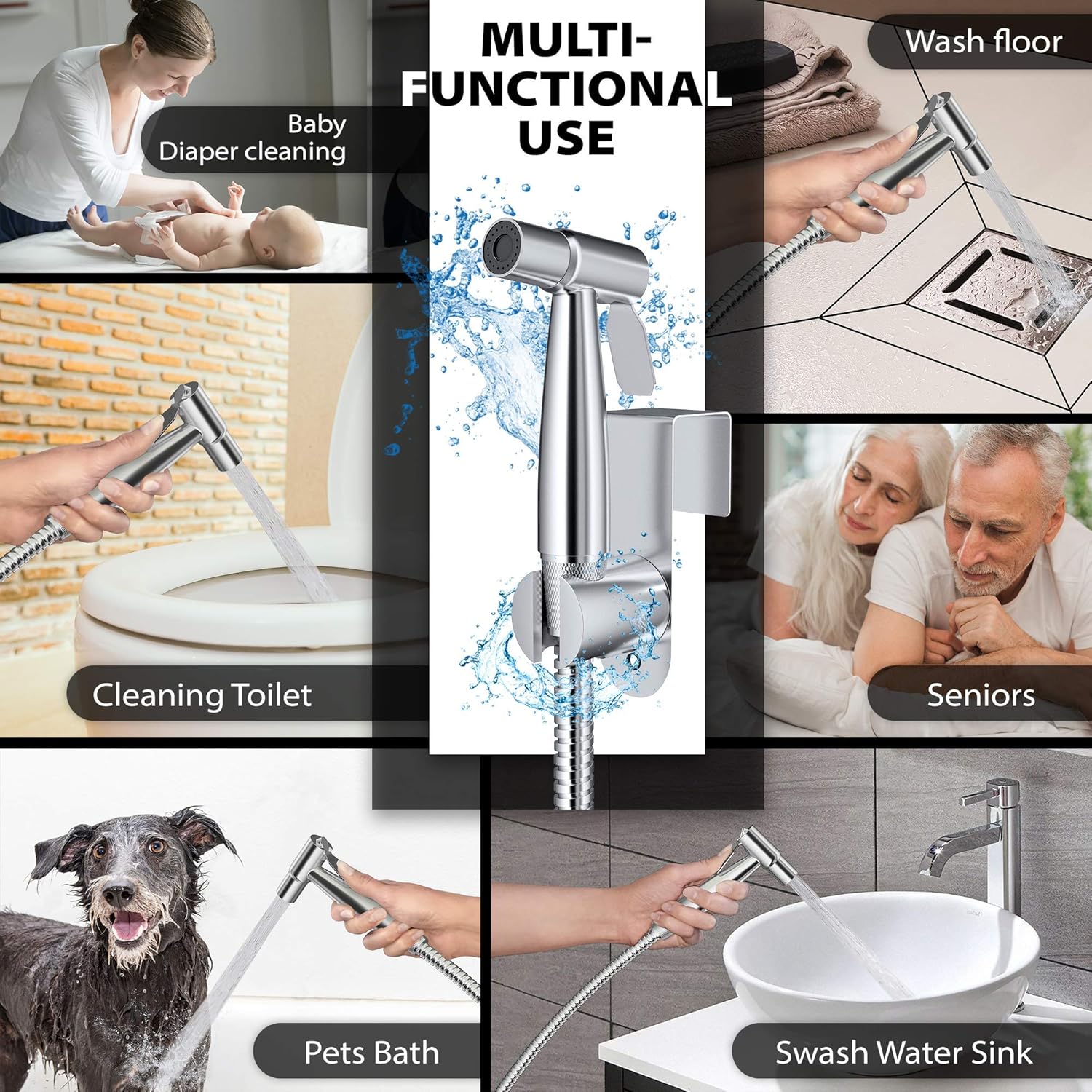 Handheld bidet sprayer used for toilet cleaning, baby care, pet baths, and household tasks