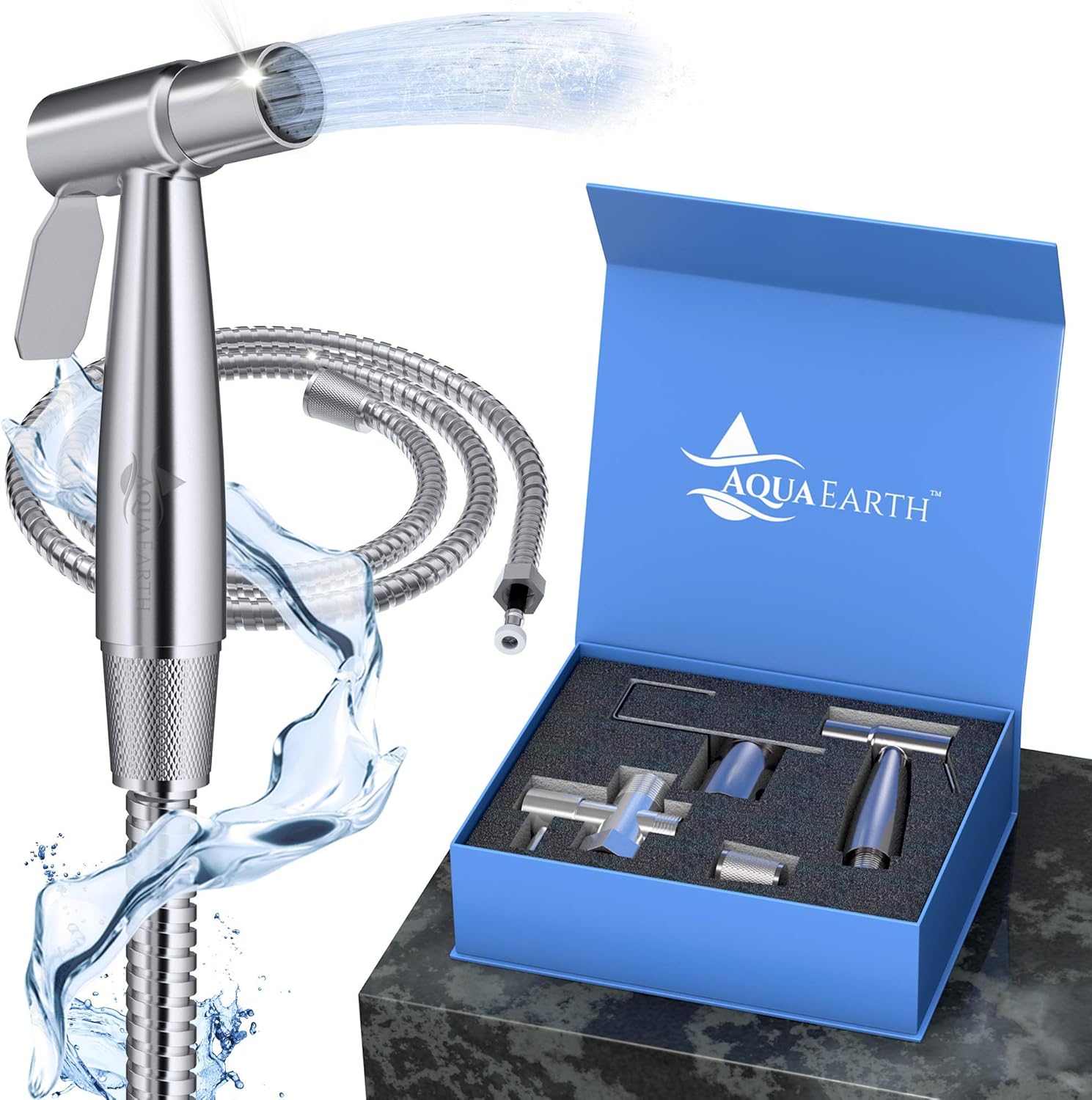 Aqua Earth stainless steel handheld bidet sprayer kit with blue box packaging