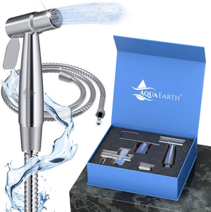 Aqua Earth stainless steel handheld bidet sprayer kit with blue box packaging