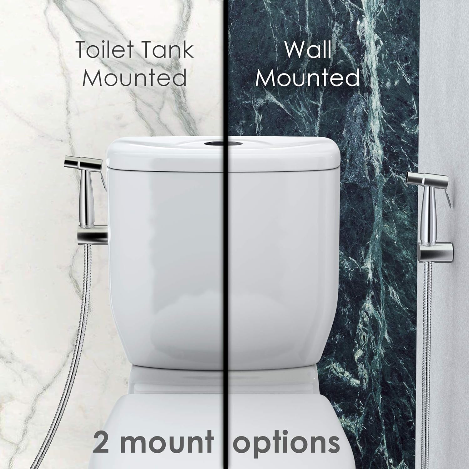 Two installation options for Aqua Earth bidet sprayer: toilet tank mount and wall mount
