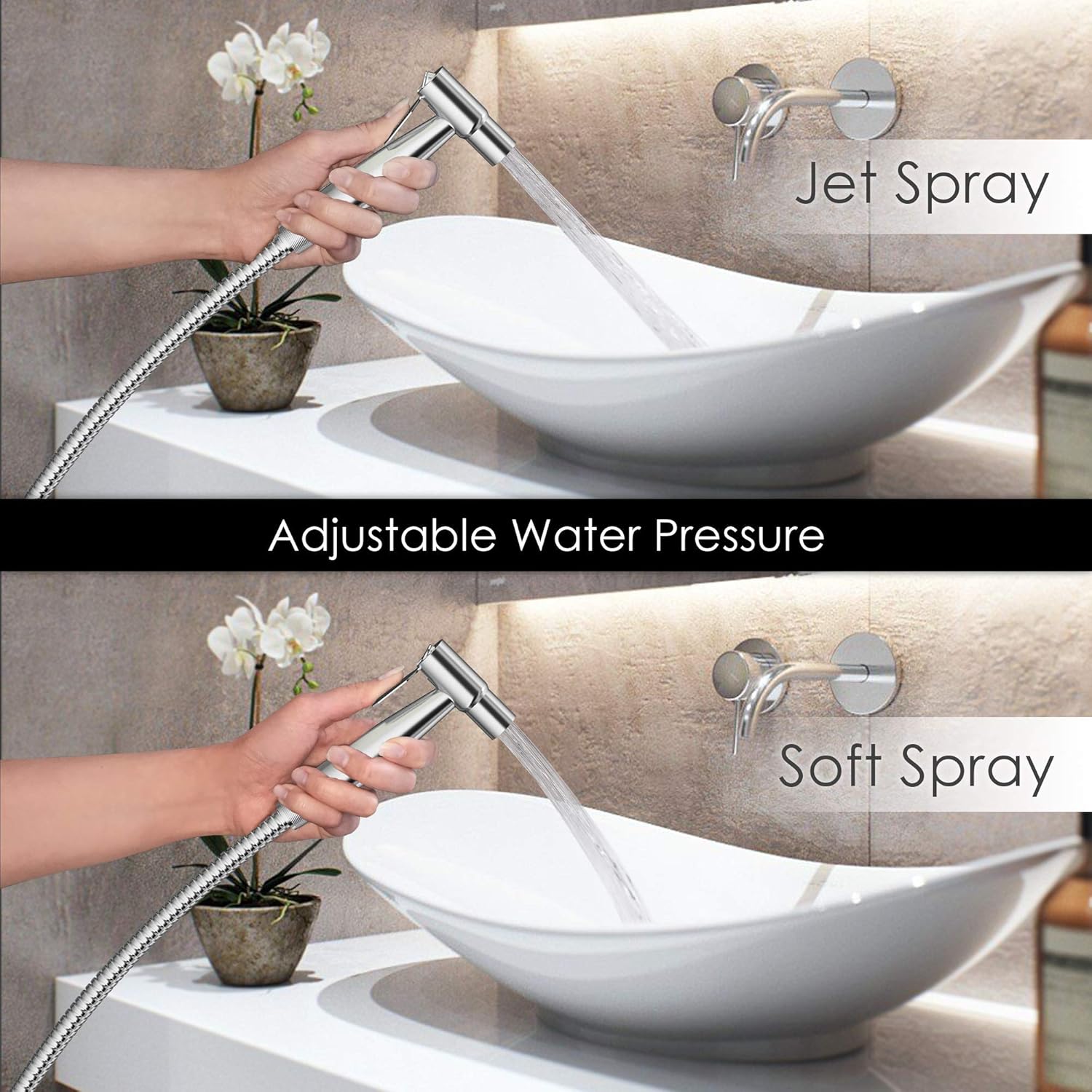 Handheld bidet sprayer showing adjustable jet spray and soft spray water flow