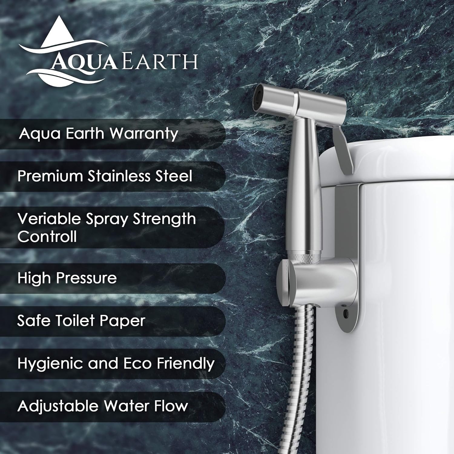 Aqua Earth stainless steel bathroom bidet sprayer mounted with list of features