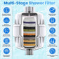 Cross-section of Aqua Earth 20-stage shower filter showing multi-layer filtration system with feature icons