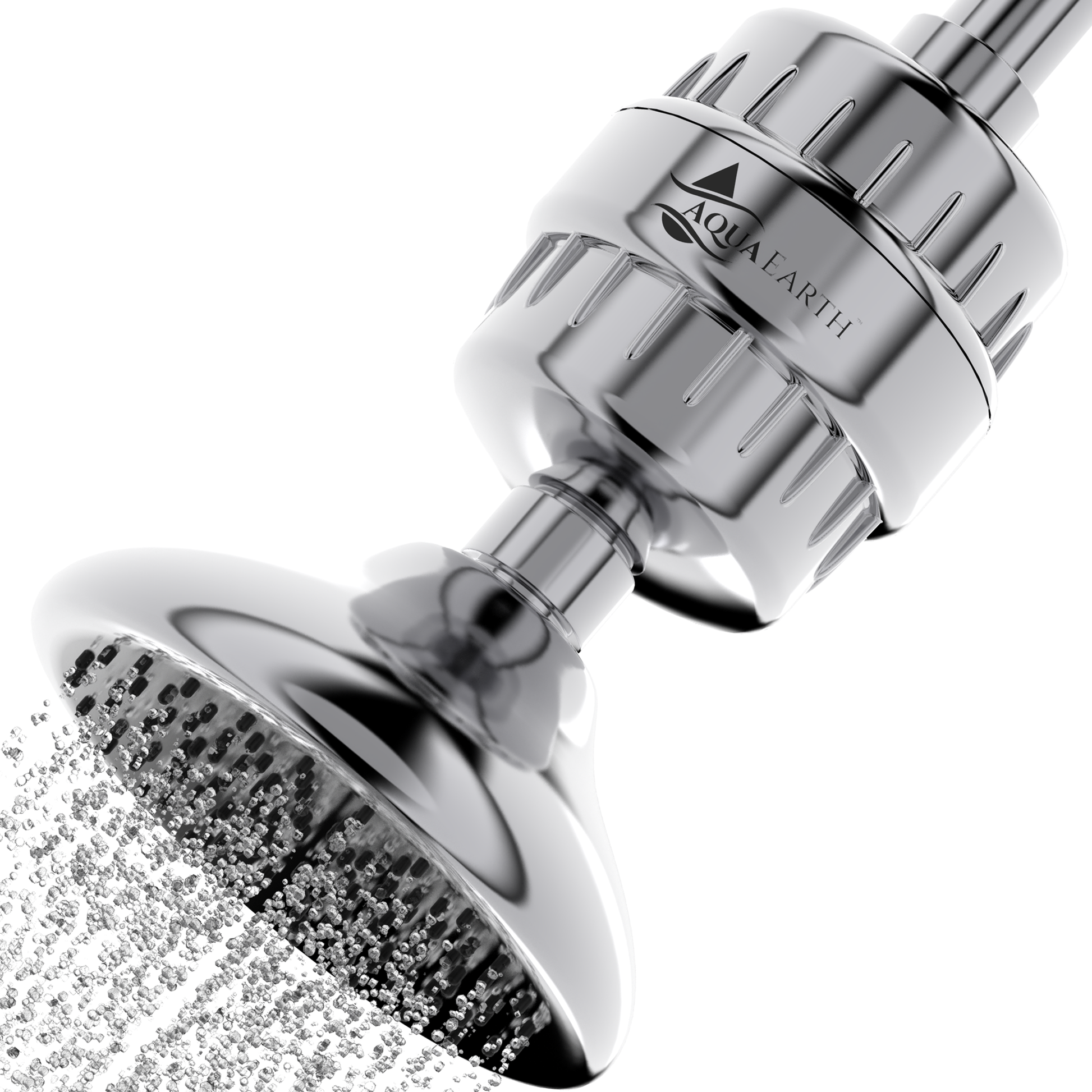 Aqua Earth chrome Vitamin C shower filter installed on standard curved shower head with water running