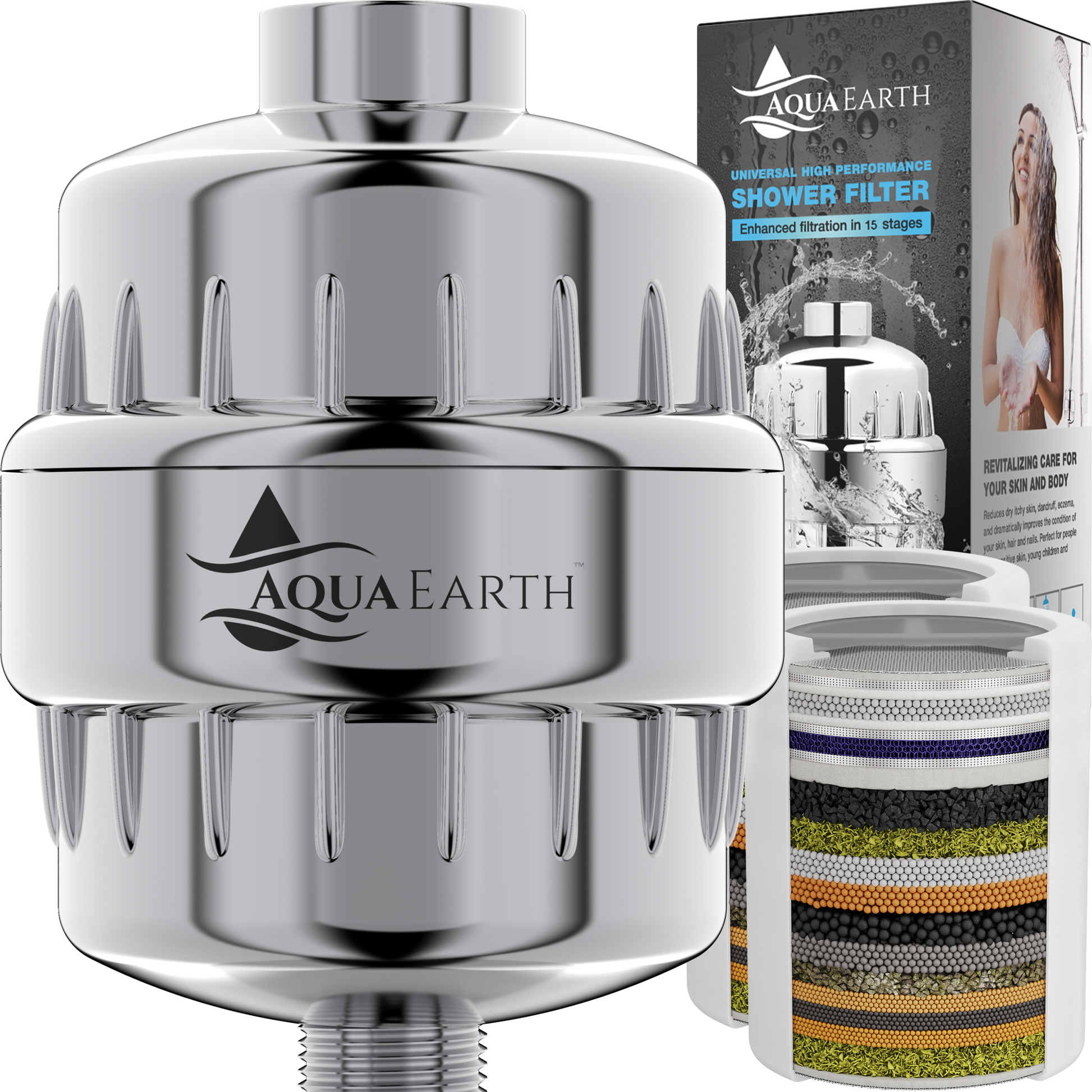 15-stage Aqua Earth Vitamin C shower filter with box and internal cartridge layers.