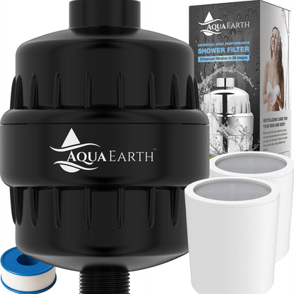 Vitamin C Shower Filter device by Aqua Earth with additional cartridges and packaging, designed for chlorine and fluoride removal.
