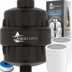 Aqua Earth vitamin c shower filter with replacement cartridges and packaging, designed for chlorine and fluoride removal.