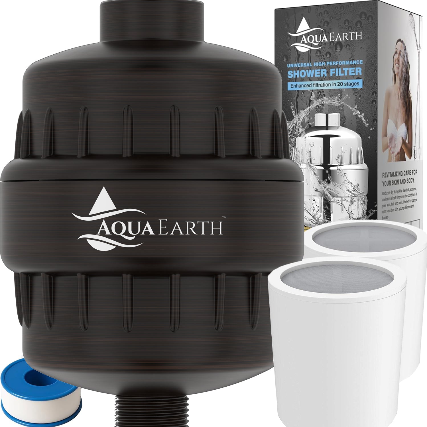 15-stage Aqua Earth Vitamin C shower filter with box and internal cartridge layers. Color: Oil Bronze