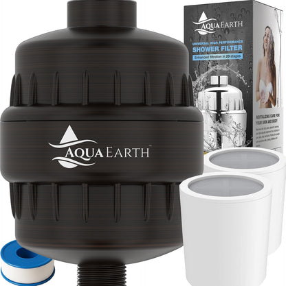 Aqua Earth vitamin c shower filter with replacement cartridges and packaging, designed for chlorine and fluoride removal.