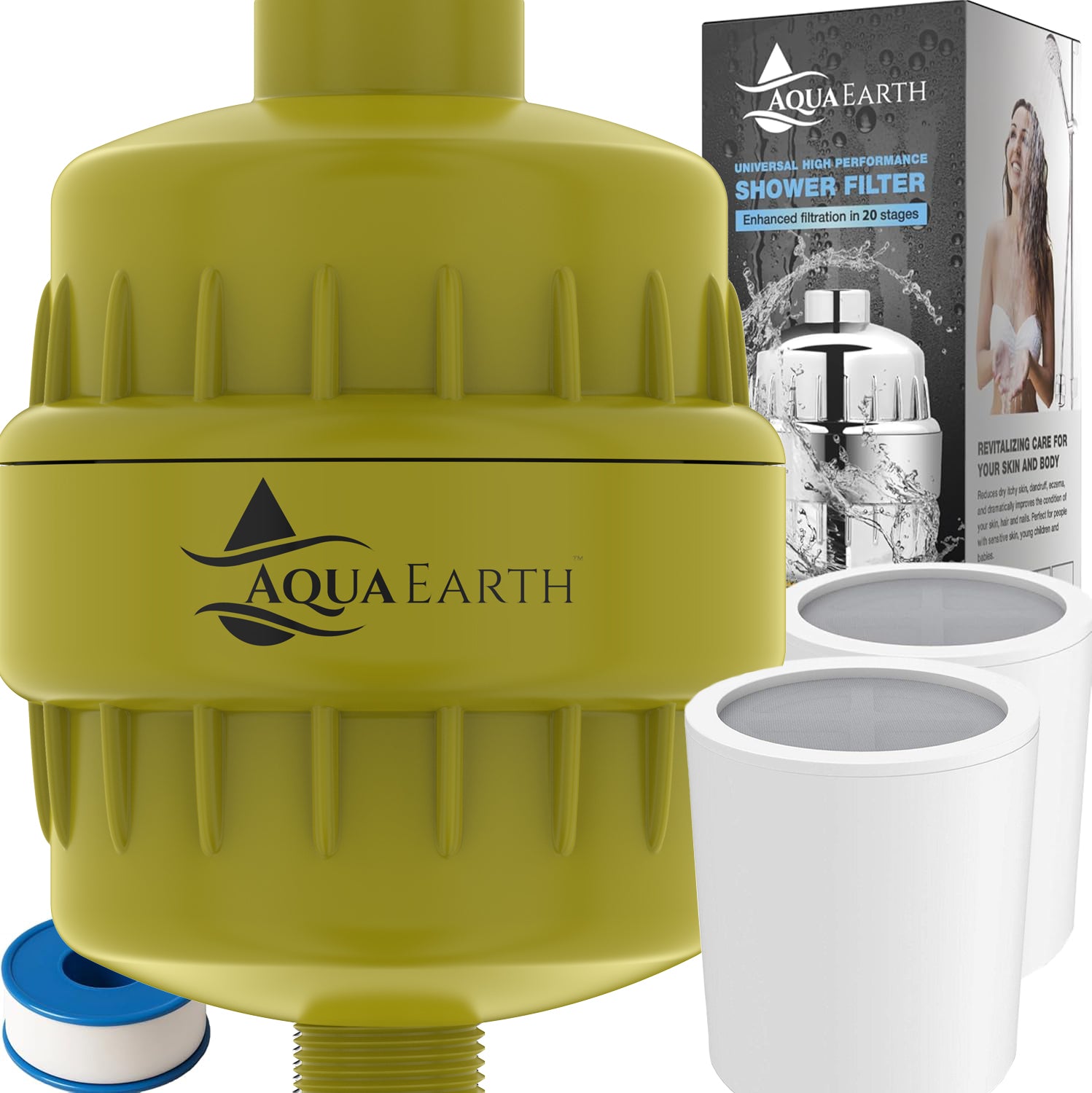 15-stage Aqua Earth Vitamin C shower filter with box and internal cartridge layers. Color: Gold.
