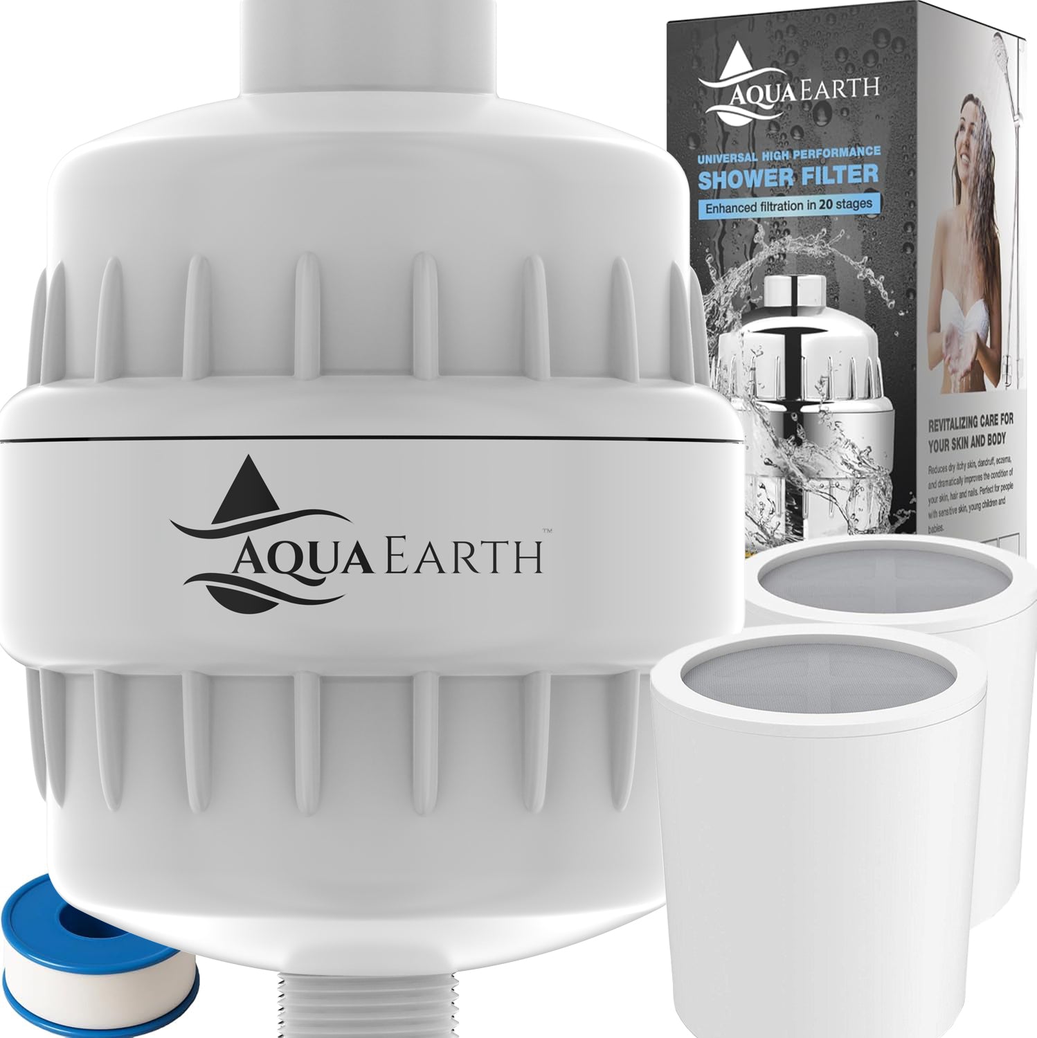 15-stage Aqua Earth Vitamin C shower filter with box and internal cartridge layers. Color: White